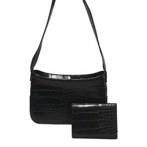 Giannini Vintage Black Faux Croc Leather Shoulder Bag &‎ Matching Bifold Wallet